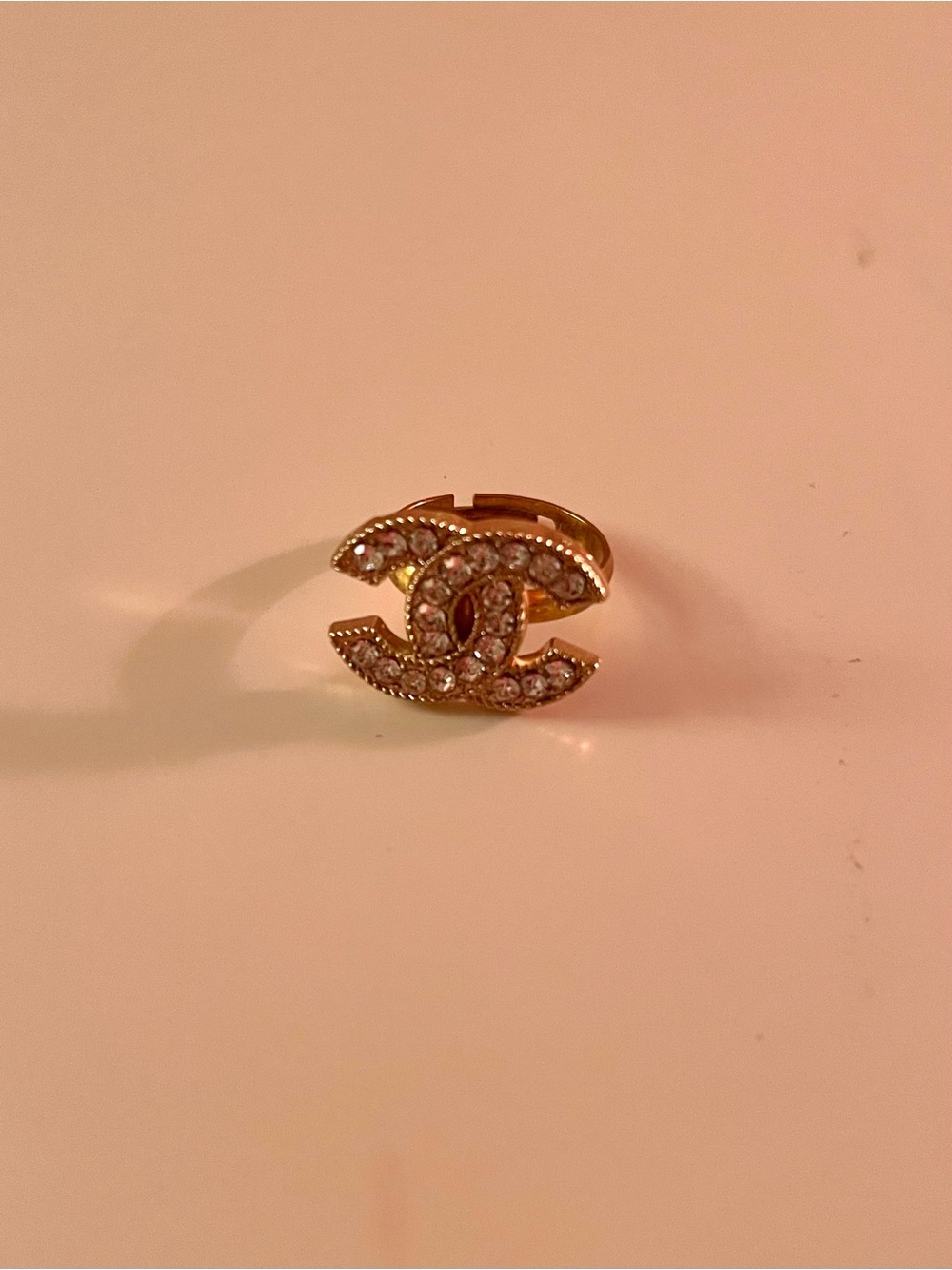 CHANEL Gold-Tone Crystal CC Logo Ring